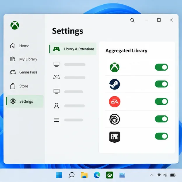 Xbox app Settings showing Library & Extensions and Aggregated Library storefront switches