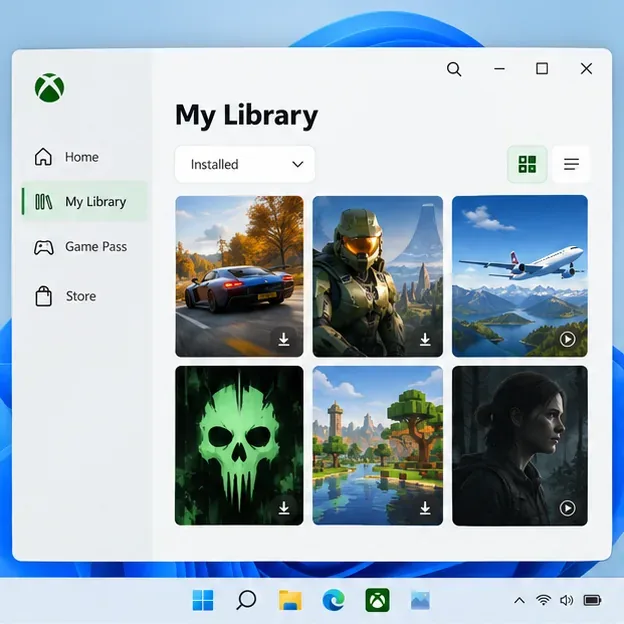Xbox PC app My Library shown with an Installed view and a grid of game tiles