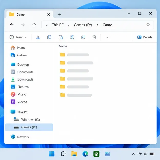File Explorer showing a connected Games D drive and a Game folder