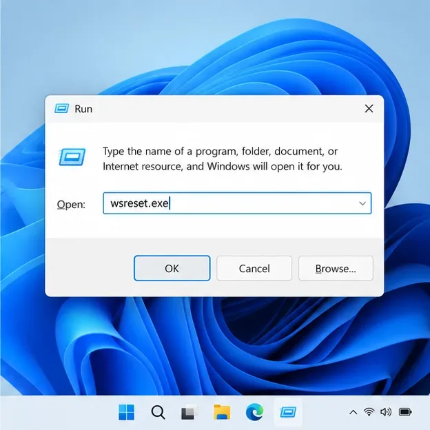 Windows Run dialog with wsreset.exe entered and the OK button visible