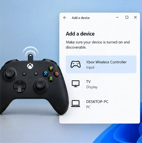 จอย Xbox อยู่ในโหมดจับคู่ข้างๆ แผง "เพิ่มอุปกรณ์" ของ Windows