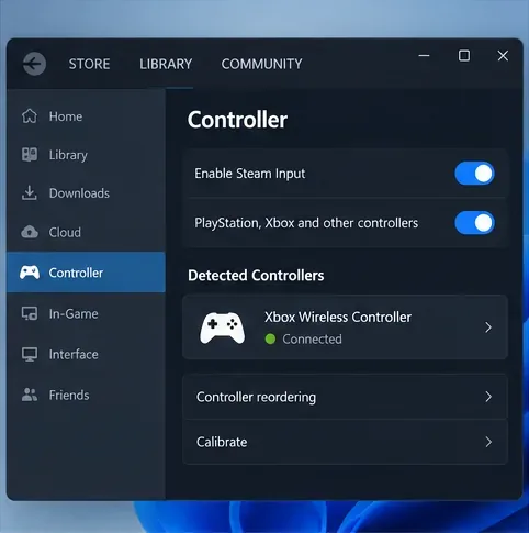 หน้าต่างการตั้งค่าคอนโทรลเลอร์ Steam พร้อมแสดงการตรวจพบคอนโทรลเลอร์ไร้สาย Xbox