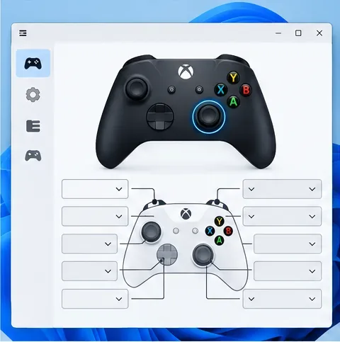 หน้าต่างการตั้งค่าปุ่มควบคุมเกมแพด พร้อมรูปแบบการควบคุมแบบ Xbox และช่องปุ่มที่สามารถกำหนดค่าได้