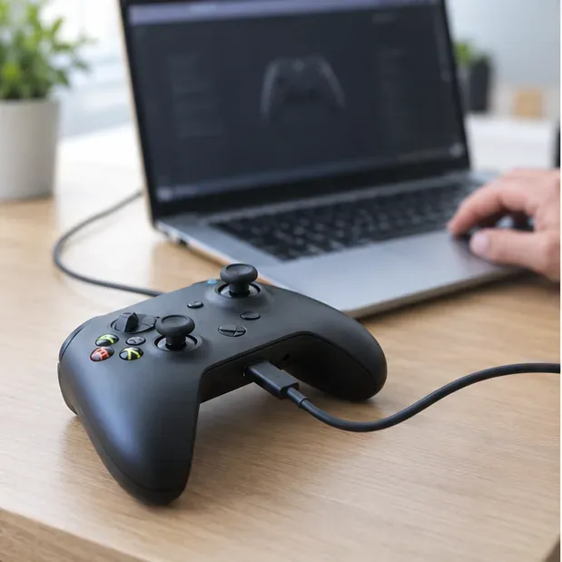 Xbox-style controller connected by cable to a Windows laptop for a firmware check.