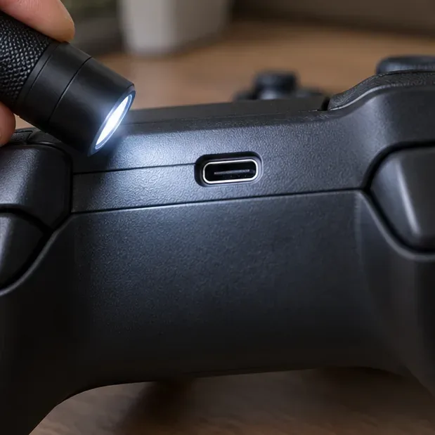 Close view of a controller USB-C port being inspected with a flashlight.