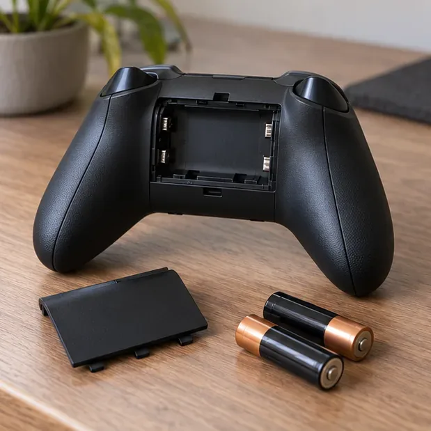 Xbox-style controller with its battery compartment open and two AA batteries placed beside it.