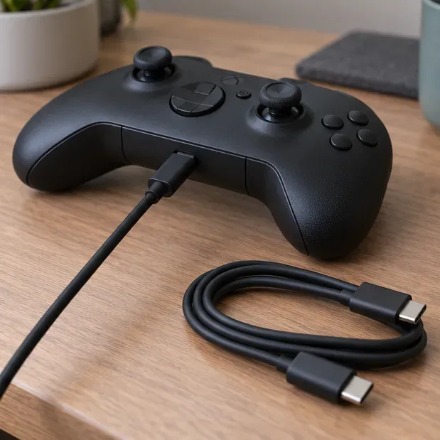 Xbox-style controller connected by USB-C with a second cable ready for comparison.