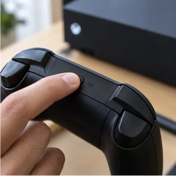 A finger pressing the Pair button on the upper edge of an Xbox-style controller.