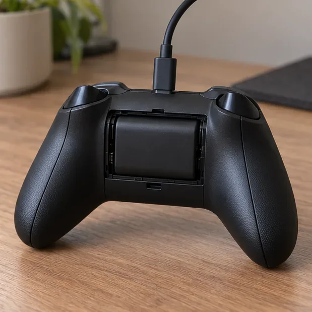 Rechargeable battery pack seated in an Xbox-style controller with a USB-C cable connected.