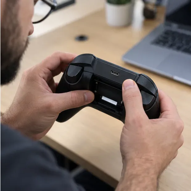 A technician checking the controller USB-C port and battery compartment without opening the shell.