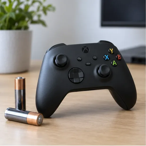 Xbox-style wireless controller switched off beside its removed AA batteries.
