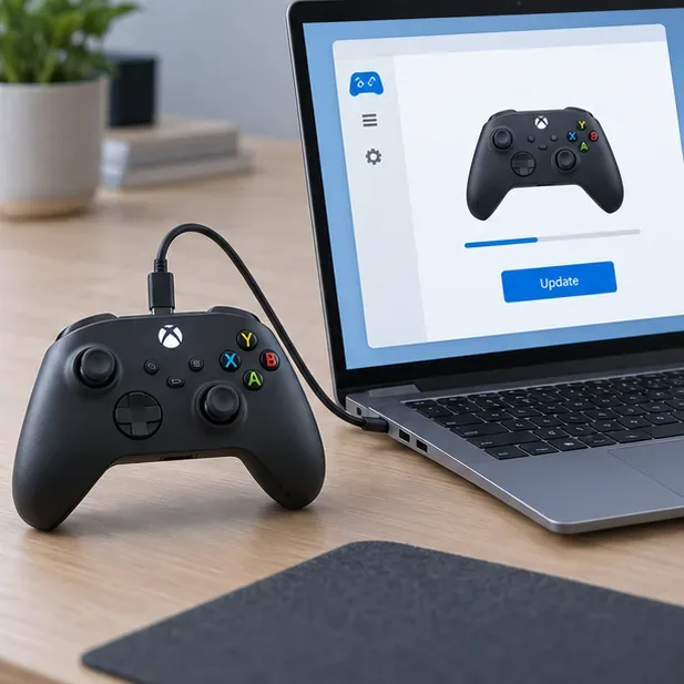 An Xbox-style controller is visibly connected to a Windows laptop by USB-C beside a generic accessories update screen.