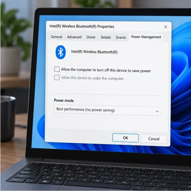 Bluetooth adapter properties show the power-management option for allowing Windows to turn off the adapter.