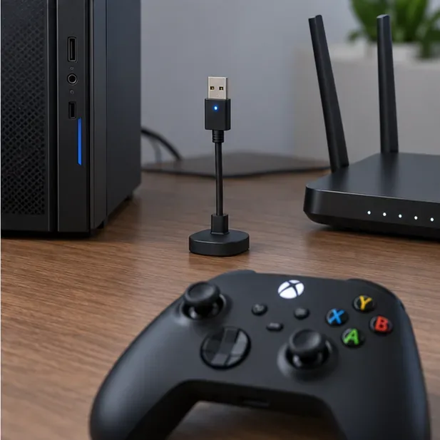 A USB Bluetooth adapter on a short extension is positioned away from a desktop tower and Wi-Fi router.