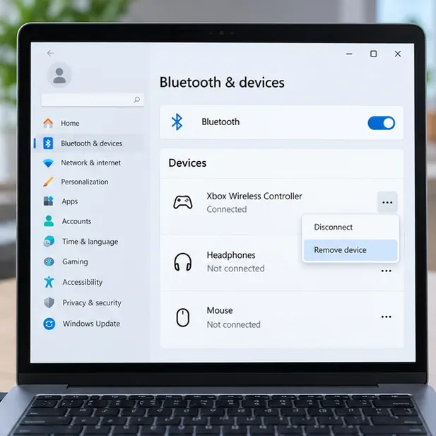 Windows 11 Bluetooth and devices settings show an Xbox Wireless Controller entry with the Remove device menu open.