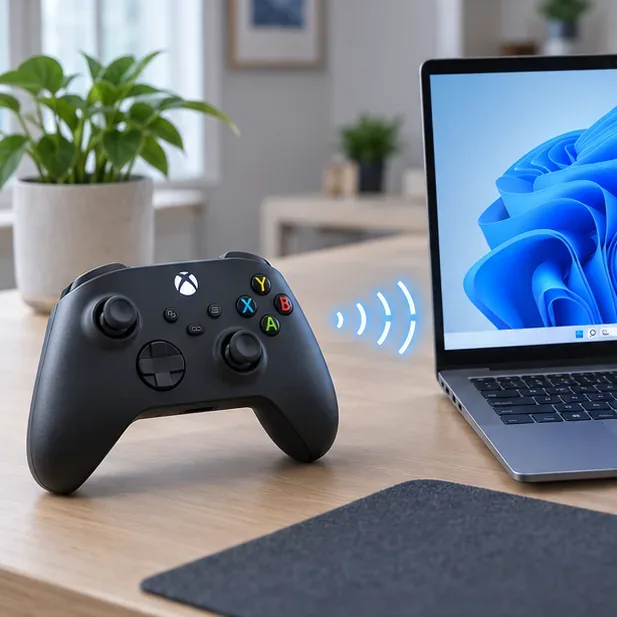 An Xbox-style controller sits beside a Windows laptop while the Bluetooth connection is tested at close range.