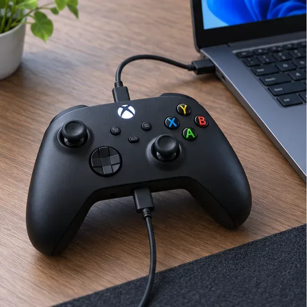An Xbox-style controller is connected by USB cable to a laptop for a wired stability test.