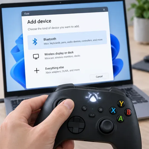 Windows Add device has Bluetooth selected while an Xbox-style controller is in pairing mode.