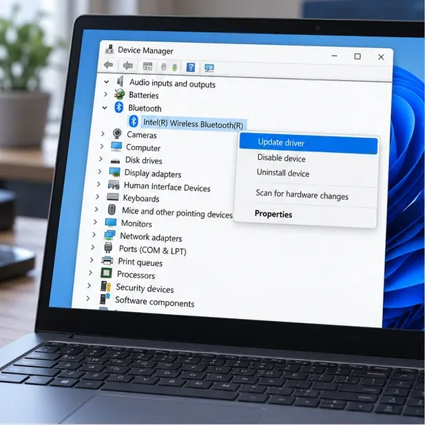 Windows Device Manager shows a Bluetooth adapter selected with the Update driver command highlighted.