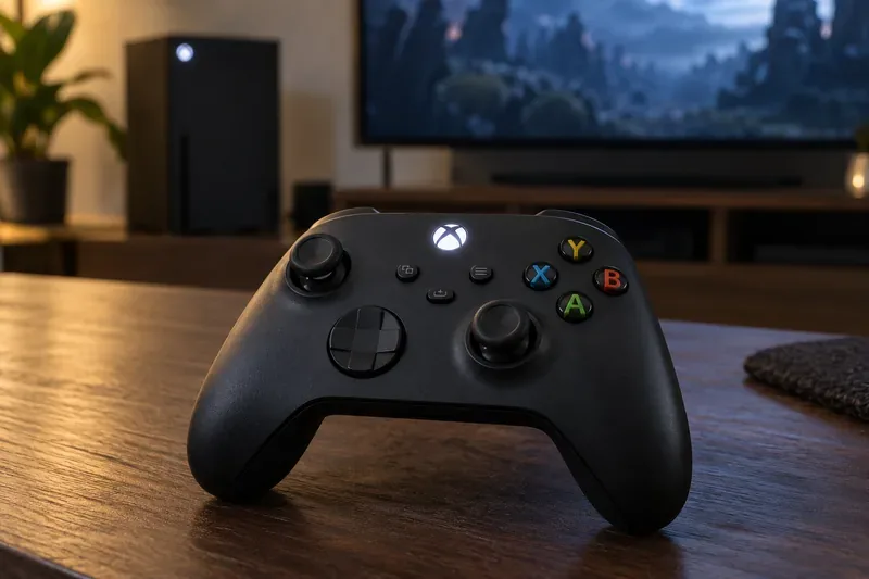 จอยเกมไร้สายสีดำสไตล์ Xbox พร้อมปุ่ม Guide สีขาวเรืองแสง วางอยู่บนโต๊ะเล่นเกม
