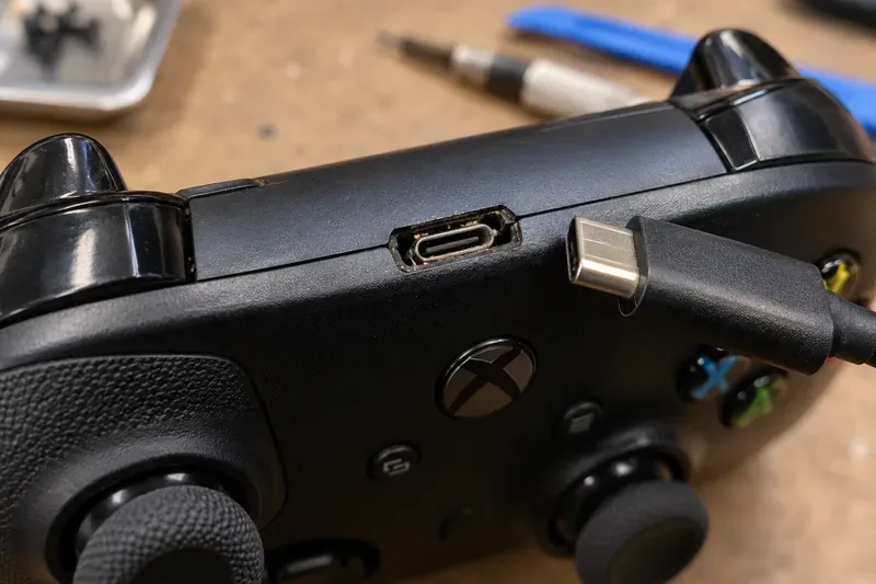 ภาพระยะใกล้ของพอร์ต USB-C ที่เสียหายบนจอยคอนโทรลเลอร์สีดำสไตล์ Xbox วางอยู่ข้างสายเคเบิลที่ใช้งานได้ปกติ