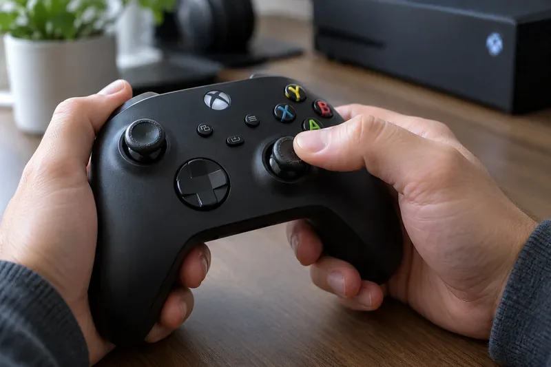 มือตรวจสอบปุ่มอนาล็อกบนจอยควบคุมไร้สายสีดำสไตล์ Xbox