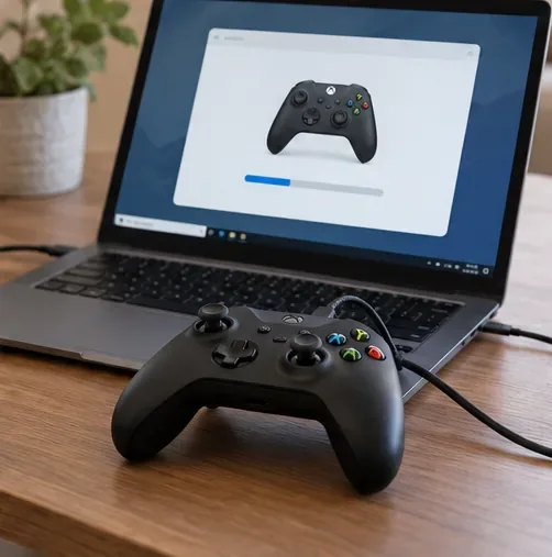 A controller connected by USB to a laptop showing an illustrative controller update window
