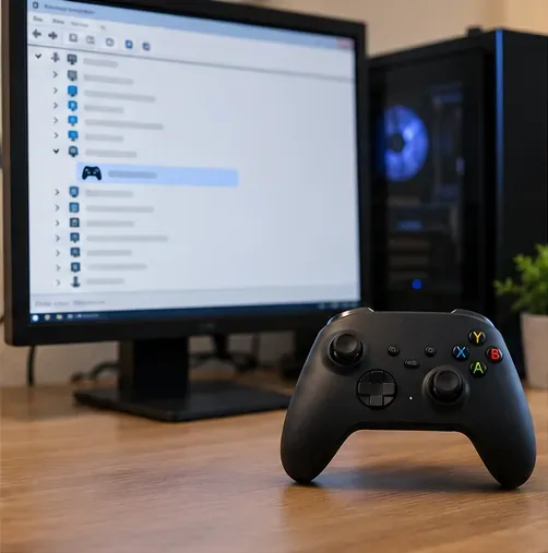 A wireless controller in front of a Windows computer showing an illustrative Bluetooth device manager