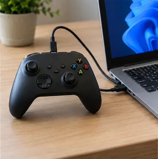 A wireless controller connected by USB to a laptop for testing on a second device