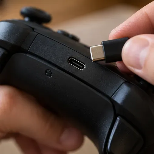 A close-up inspection of a controller USB-C port and a USB-C cable tip