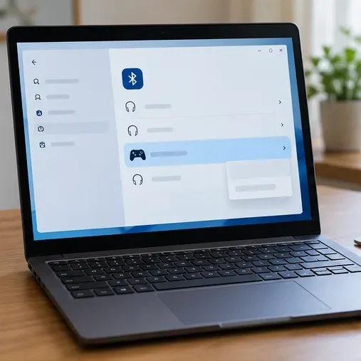 A laptop displaying an illustrative Bluetooth device list with a controller entry selected