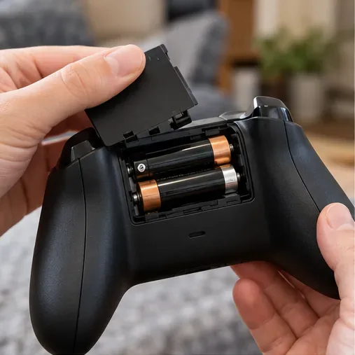 Hands checking the AA batteries inside the rear compartment of a black Xbox-style controller