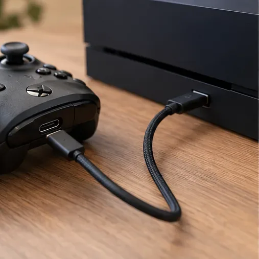 A USB cable connecting a wireless Xbox-style controller directly to a console