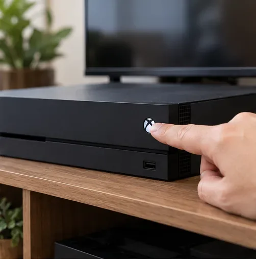 A hand pressing the power button on an Xbox-style console during a restart