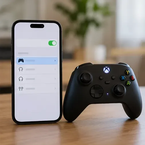 A smartphone Bluetooth settings screen beside a controller ready to pair