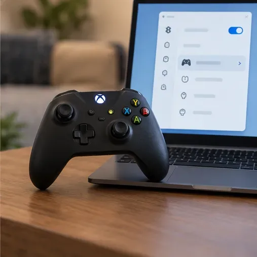 A wireless controller beside a laptop with an illustrative Bluetooth settings pane