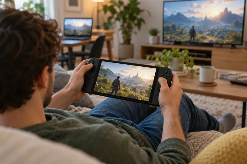 Um jogador sentado utiliza um dispositivo portátil de jogos enquanto um laptop e uma televisão ficam ao fundo.