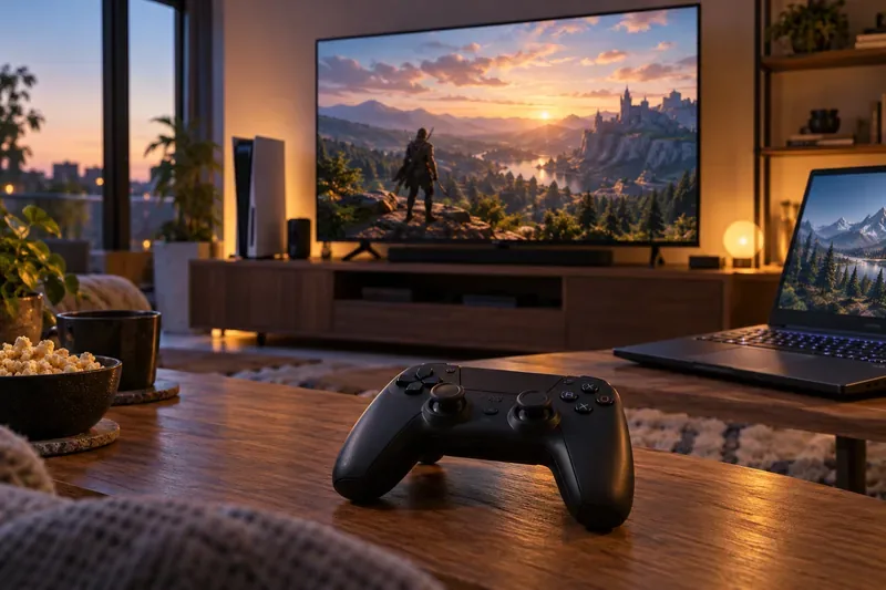 Um controle de videogame sem fio está posicionado entre uma TV grande e um laptop aberto em uma sala de estar.