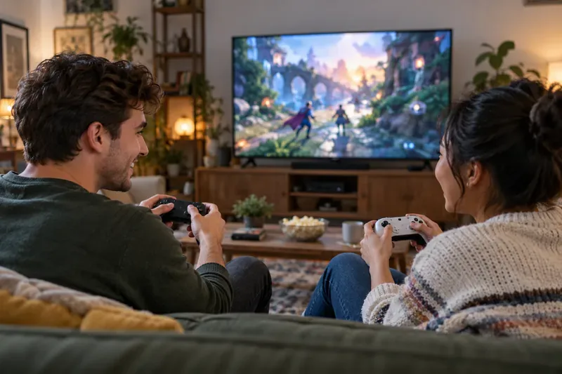 Dois amigos jogam um jogo cooperativo em uma TV com controles separados na sala de estar.