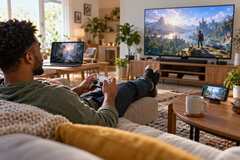 A player holding a controller in front of a television, with a laptop and smartphone nearby