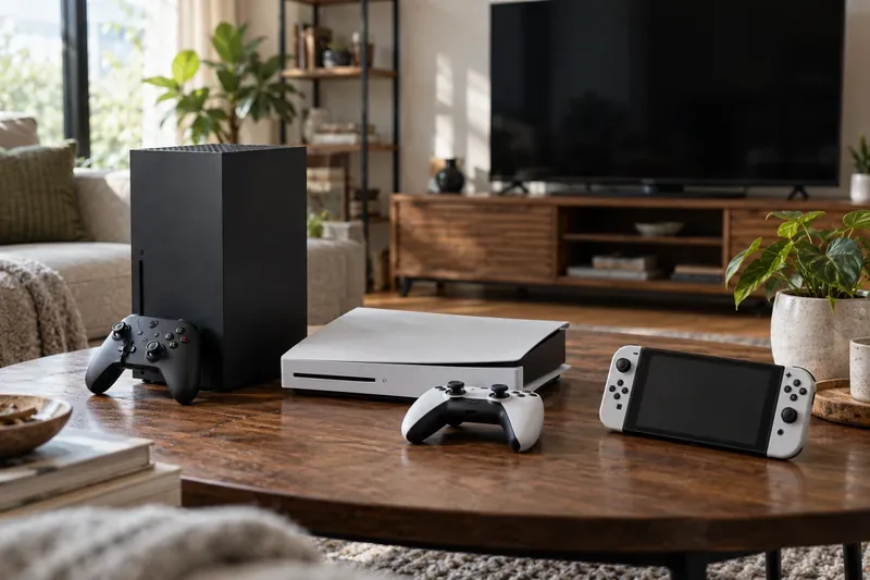Black and white home consoles and a handheld gaming device arranged on a living-room table