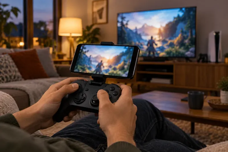 Hands holding a phone mounted to a controller in front of a television
