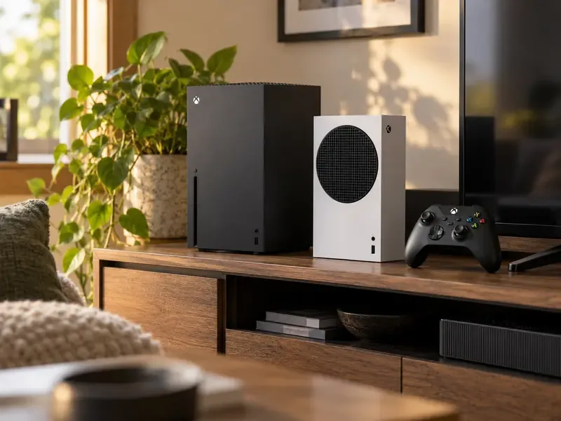 Black Xbox Series X and white Xbox Series S consoles beside a controller on a living room media shelf