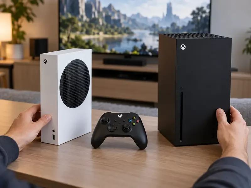 Hands comparing the compact white Xbox Series S with the larger black Xbox Series X, with a controller between them