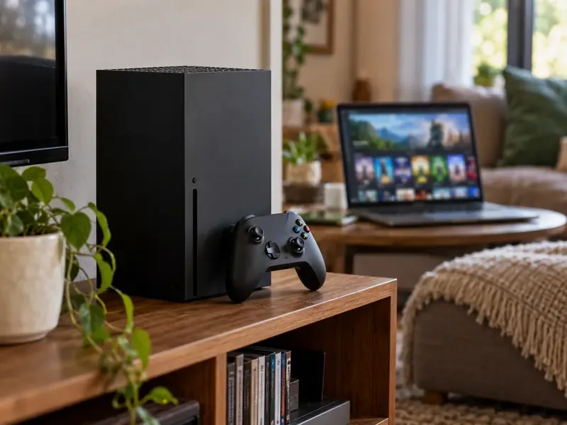 Black Xbox Series X and controller in a living room with a laptop showing a blurred game-library screen in the background
