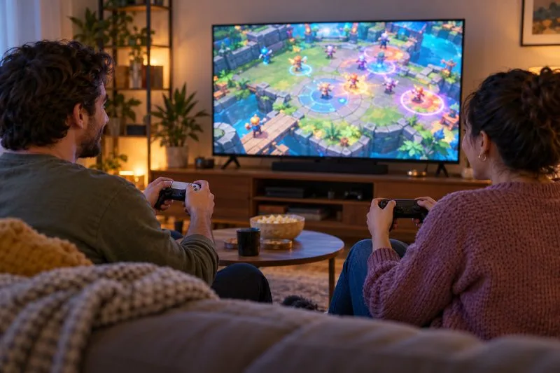 Dois amigos jogam juntos um jogo de arena genérico e colorido, sentados no sofá da sala.