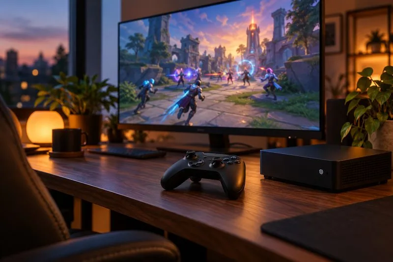 Um controle sem fio e um console preto estão em frente a um monitor que exibe um jogo online genérico baseado em equipes.