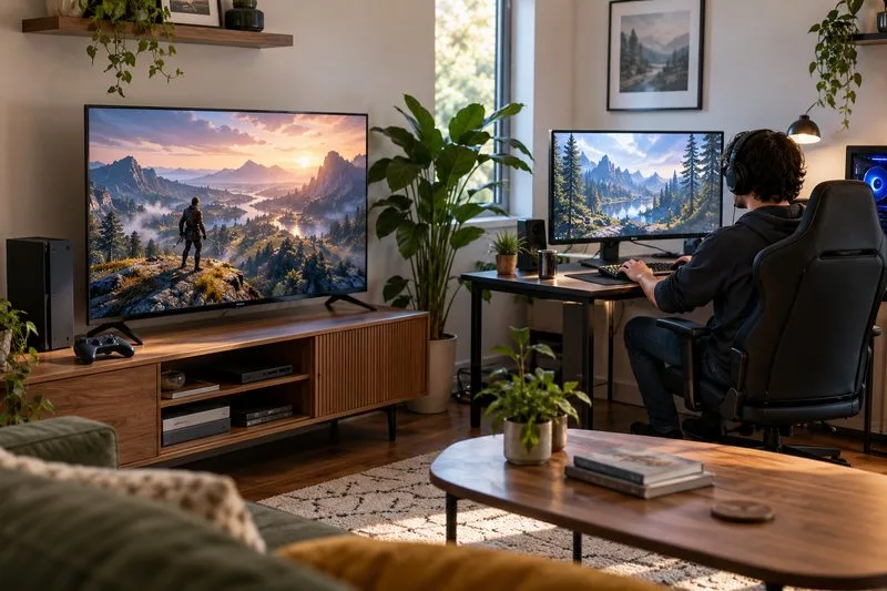 Um console de sala de estar e uma televisão ficam ao lado de um PC gamer com Windows.