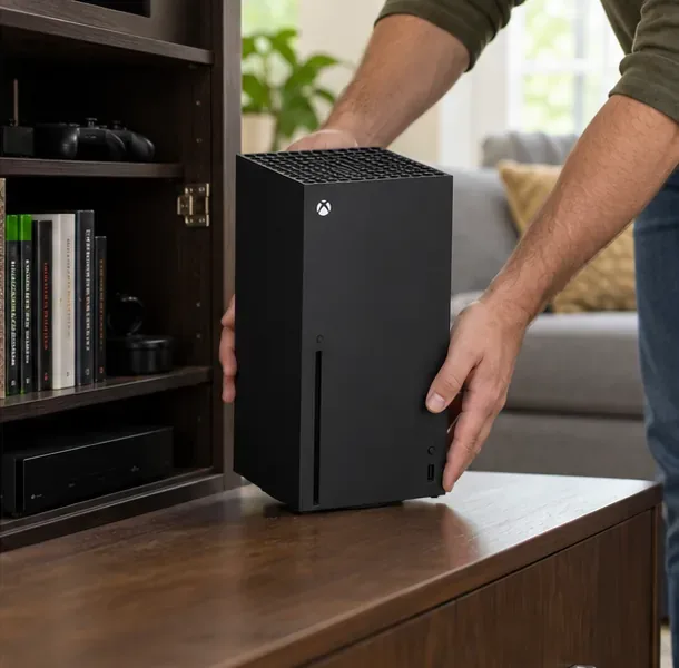 A person moves an Xbox Series X from a crowded entertainment cabinet to an open hard surface
