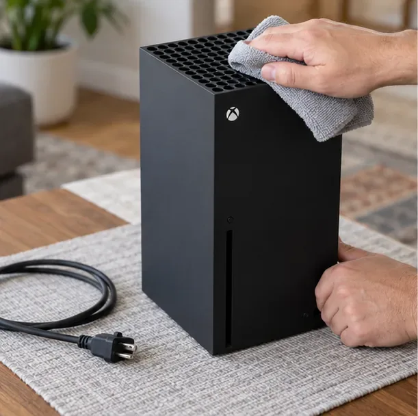 A powered-off, unplugged Xbox Series X being gently wiped across its exterior vent grille with a microfiber cloth